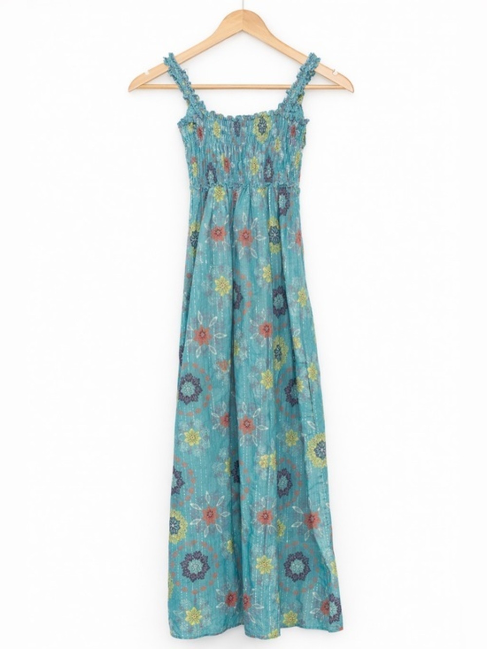 RARE Bond Eye Sundress V Neck Smocked chest Turquoise Metallic Thread S